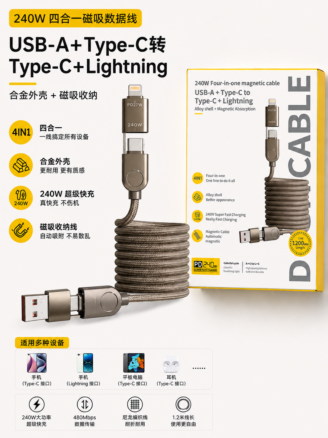 4-in-1 Magnetic Cable (1.2m)  四合一磁吸线（1.2m)