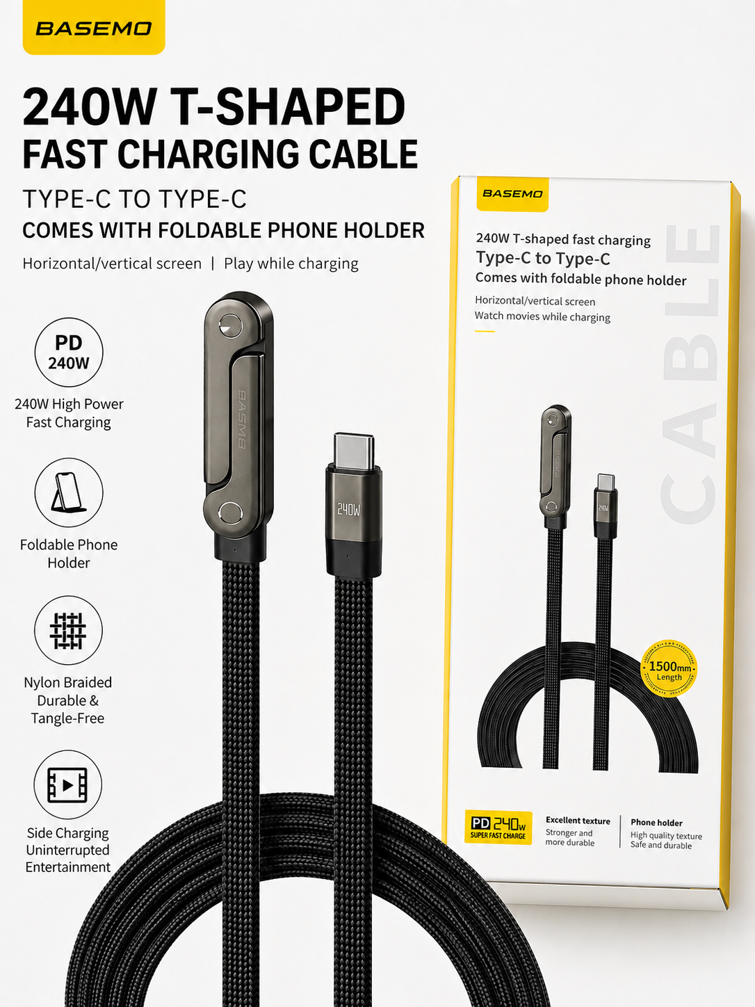 240W Foldable Stand USB-C Fast Charging Cable 240W折叠支架Type-C快充数据线