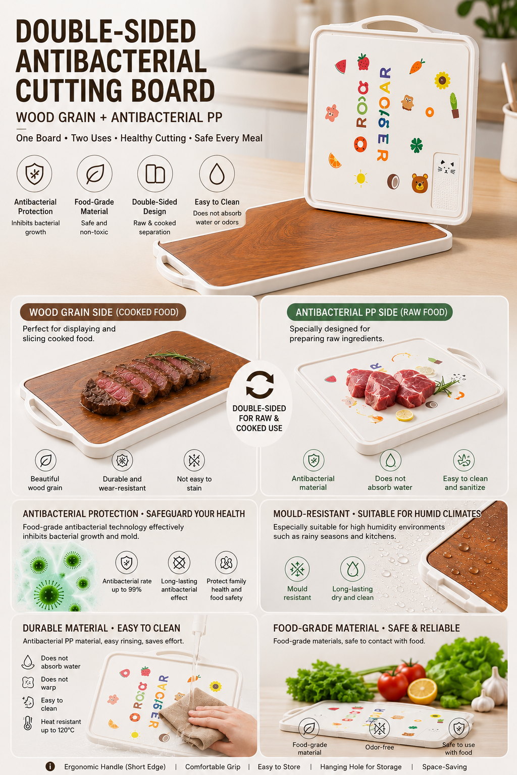 Double-Sided Anti-Mold Cutting Board with Ebony Wood Grain & Antibacterial PP 乌檀木纹+抗菌PP双面防霉菜板